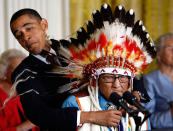 <p>President Barack Obama (L) struggles to present the Medal of Freedom to Dr. Joseph Medicine Crow – High Bird (R) during a ceremony at the White House August 12, 2009 in Washington, DC. The Medal of Freedom is the highest civilian award in the United States. Dr. Joseph Medicine Crow – High Bird was presented the medal for his valiant service in World War II where he was awarded the status of Crow War Chief, and his renowned studies of the First Americans and contributions to cultural and historical preservation have been critical to our understanding of America’s history. (Win McNamee/Getty Images) </p>