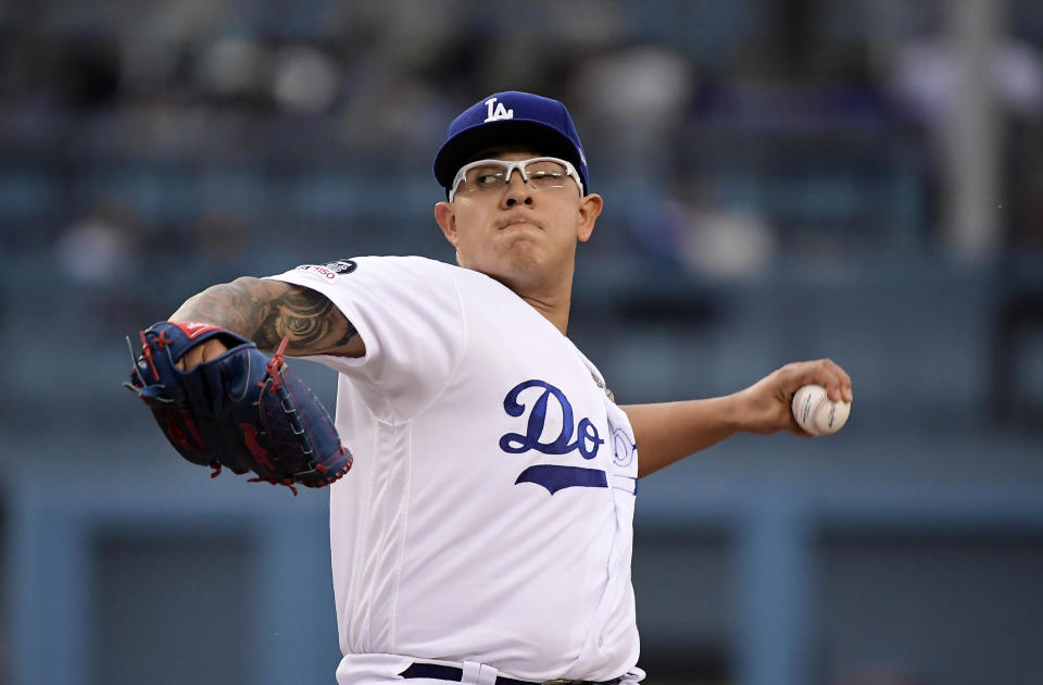 Los Angeles Dodgers starting pitcher Julio Urias throws during the first inning of the team's baseball game against the San Francisco Giants on Thursday, June 20, 2019, in Los Angeles. (AP Photo/Mark J. Terrill)