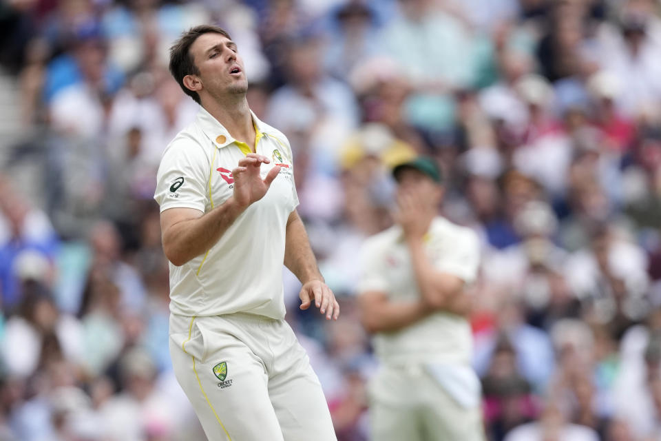 Australia's Mitchell Marsh reacts after bowling on day three of the fifth Ashes Test match between England and Australia, at The Oval cricket ground in London, Saturday, July 29, 2023. (AP Photo/Kirsty Wigglesworth)