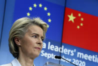 European Commission President Ursula von der Leyen during an online press conference with European Council President Charles Michel and German Chancellor Angela Merkel following an EU-China virtual summit at the European Council building in Brussels, Monday, Sept. 14, 2020. Michel, Merkel and Von der Leyen had talks in a videoconference with China's President Xi Jinping. (Yves Herman/Pool Photo via AP)