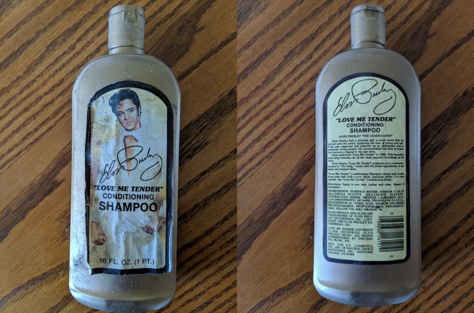 Elvis Presley "Love Me Tender" Conditioning Shampoo bottle with his image and signature on the front label and product information on the back label