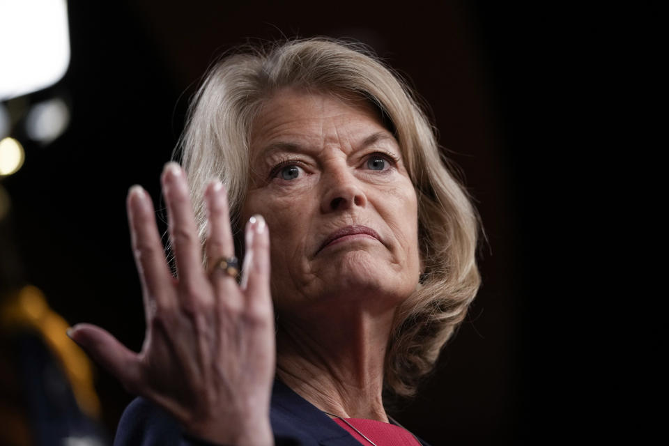 Sen. Lisa Murkowski pauses during a speech.