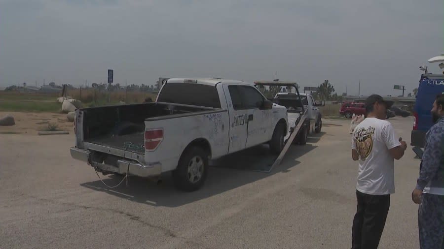The Morales family's broken pickup truck was towed away to a local dealership for a complete makeover on July 12, 2024. (KTLA)
