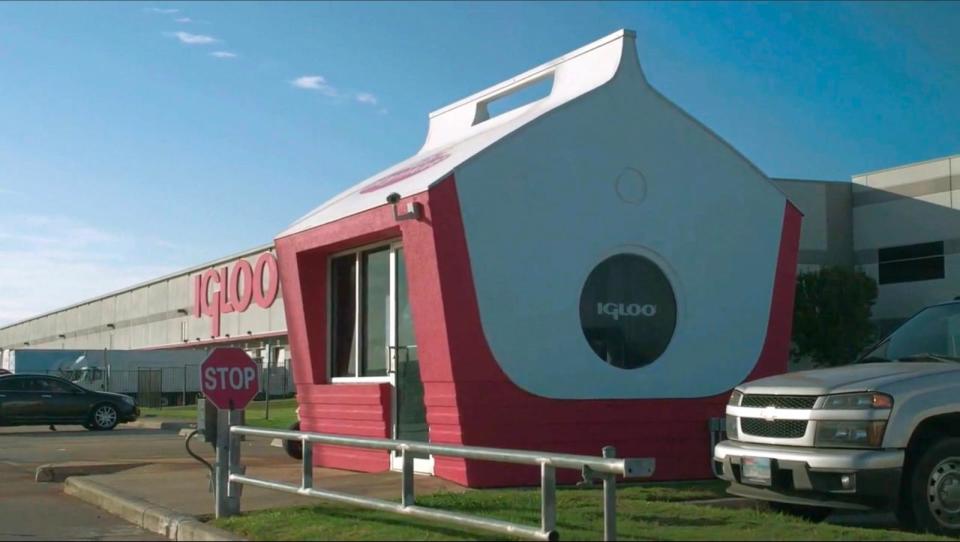 PHOTO: The Igloo Coolers factory in Katy, Texas with their iconic 'Playmate' cooler at the gates. (ABC News)