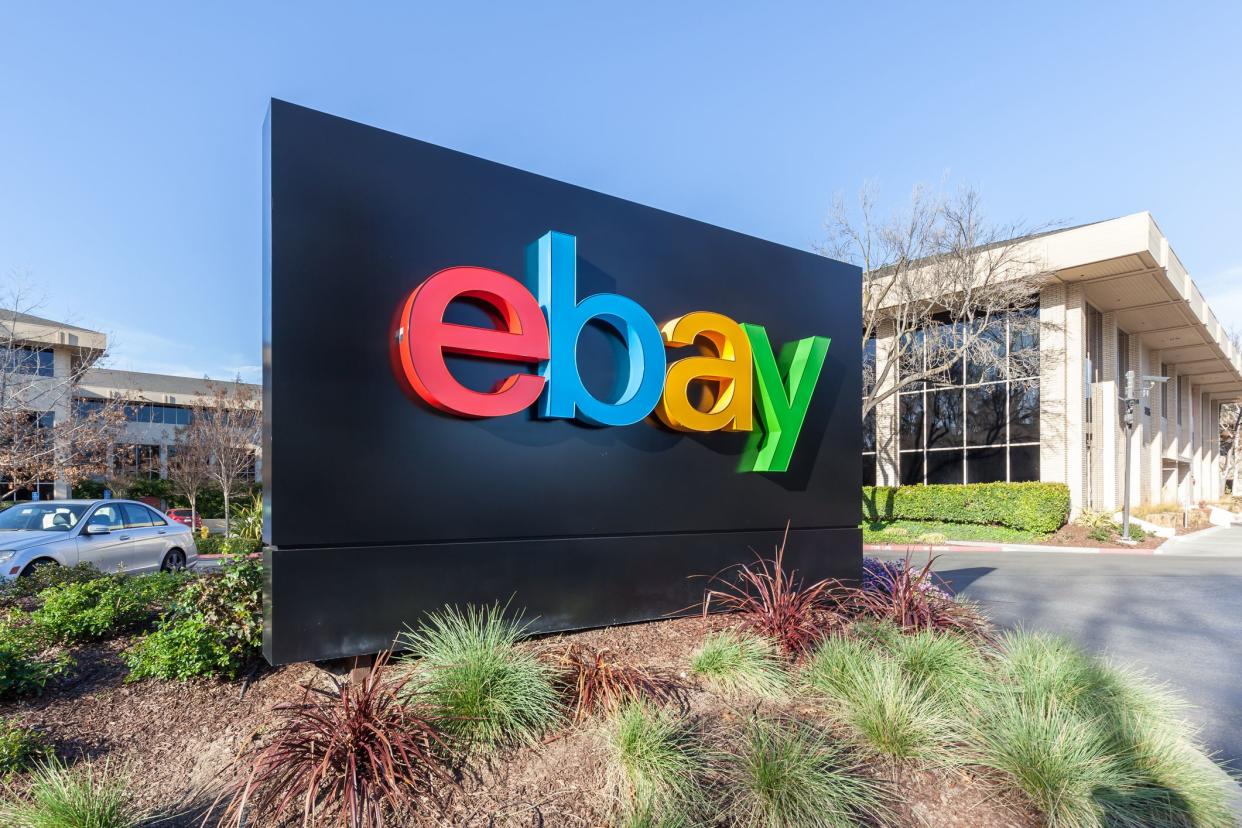 San Jose, California, USA - March 29, 2018: eBay sign  at eBay 's headquarters in Silicon Valley. eBay Inc. is a multinational e-commerce corporation.