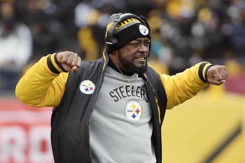 Pittsburgh Steelers head coach Mike Tomlin cheers on his team's impressive playoff victory. (AP)