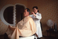 <p>A barber inside the 45-story Koryo Hotel in Pyongyang, North Korea. </p>
