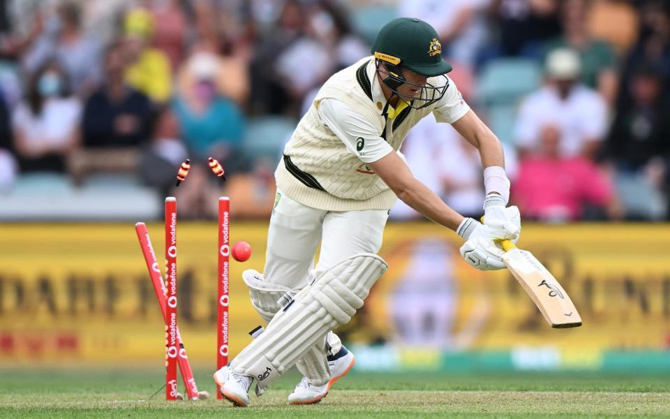 Marnus Labuschagne of Australia is bowled by Stuart Broad of England during day one of the Fifth Test in the Ashes series between Australia and England at Blundstone Arena - Steve Bell/Getty Images