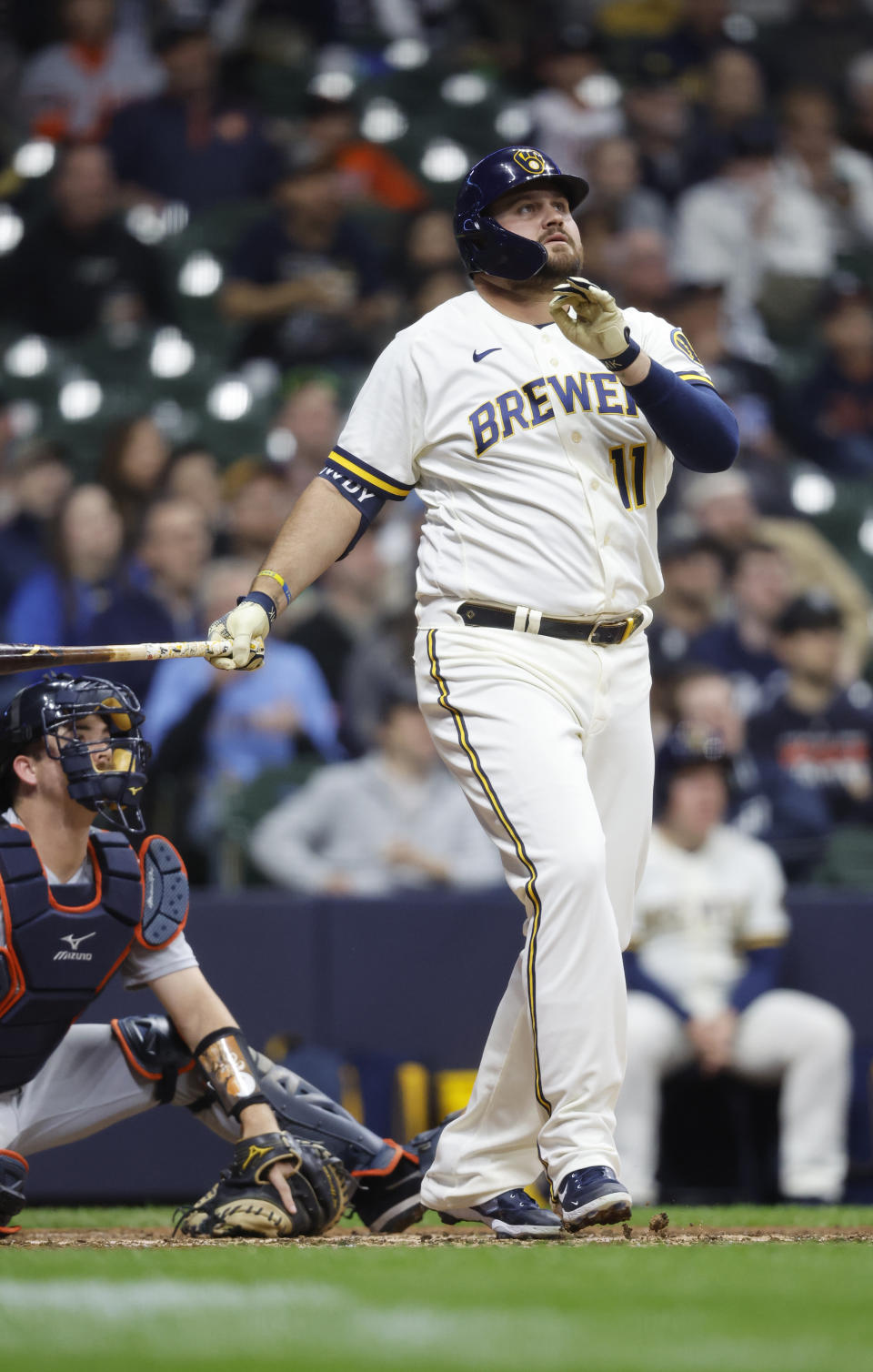 Milwaukee Brewers' Rowdy Tellez watches his home run against the Detroit Tigers during the sixth inning of a baseball game Tuesday, April 25, 2023, in Milwaukee. (AP Photo/Jeffrey Phelps)