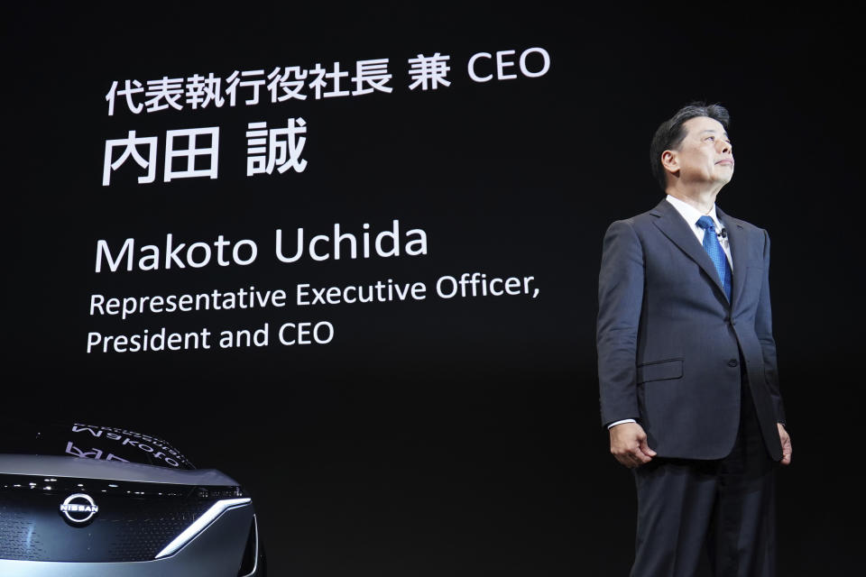 Nissan Chief Executive Makoto Uchida speaks during a press conference in the automaker's headquarters in Yokohama, near Tokyo Monday, Dec. 2, 2019. (AP Photo/Eugene Hoshiko)