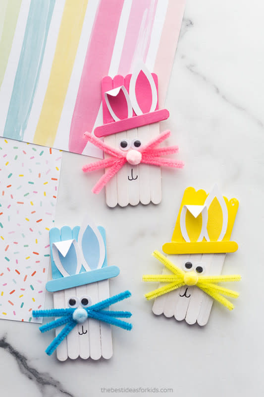 <p>BestIdeasForKids.com</p><p>Hop along the bunny trail with these popsicle stick rabbits.</p><p>From <a href="https://www.thebestideasforkids.com/popsicle-stick-easter-craft/" rel="nofollow noopener" target="_blank" data-ylk="slk:BestIdeasForKids.com;elm:context_link;itc:0;sec:content-canvas" class="link rapid-noclick-resp">BestIdeasForKids.com</a>.</p>