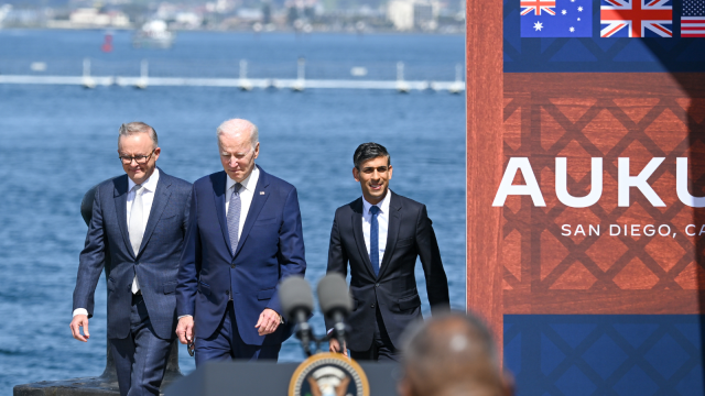 The Australian, US and UK leaders announcing the AUKUS deal