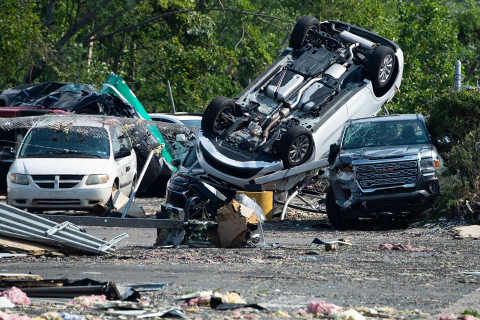 The aftermath at Faulkner Buick GMC Friday, July 30, 2021 after a tornado ripped through the region last night in Bensalem, Pa.