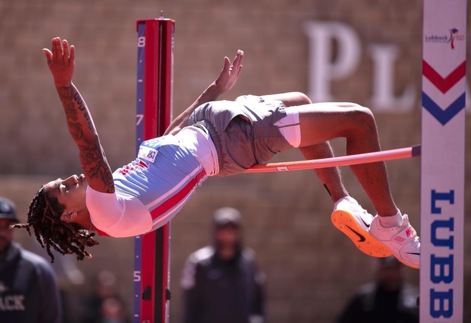 Monterey's Brandon Infante competes in high jump during the Region I-5A track and field meet, Saturday, April 29, 2023, at Lowrey Field.