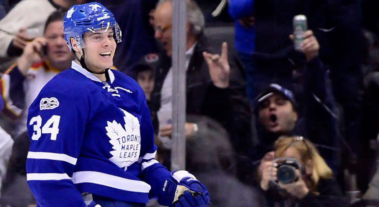 Toronto Maple Leafs centre Auston Matthews (34) celebrates a goal. (Frank Gunn/CP)