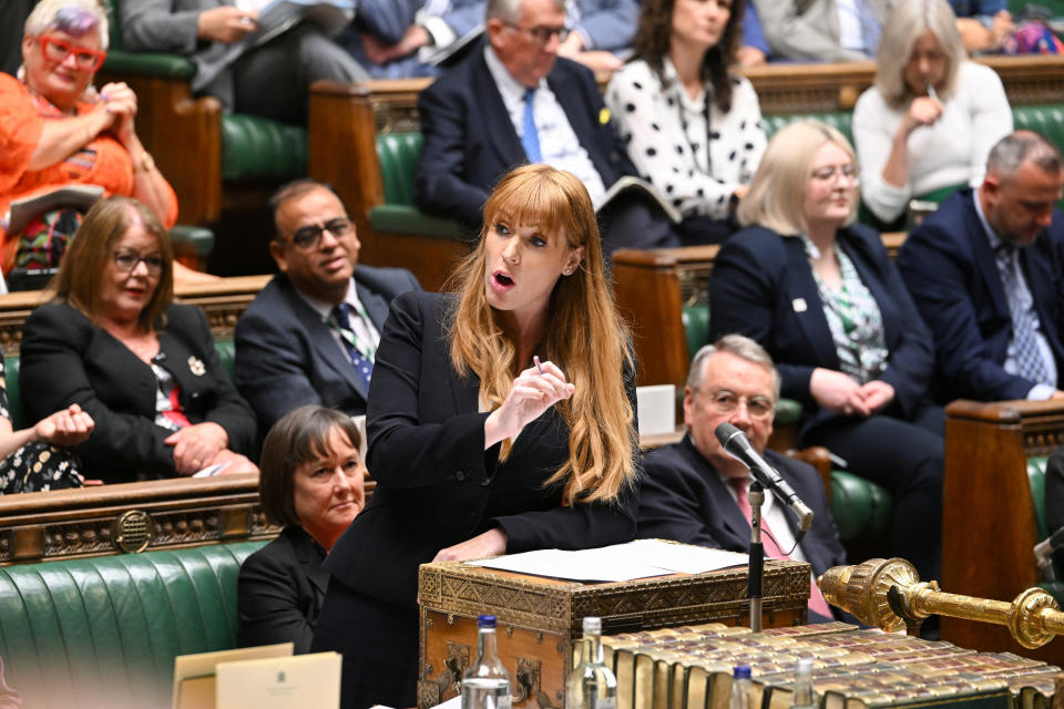 Britain's deputy Labour Party leader Angela Rayner speaks during the Prime Minister's Questions at the House of Commons in London, Britain, July 5, 2023. UK Parliament/Jessica Taylor/Handout via REUTERS THIS IMAGE HAS BEEN SUPPLIED BY A THIRD PARTY MANDATORY CREDIT. IMAGE MUST NOT BE ALTERED.