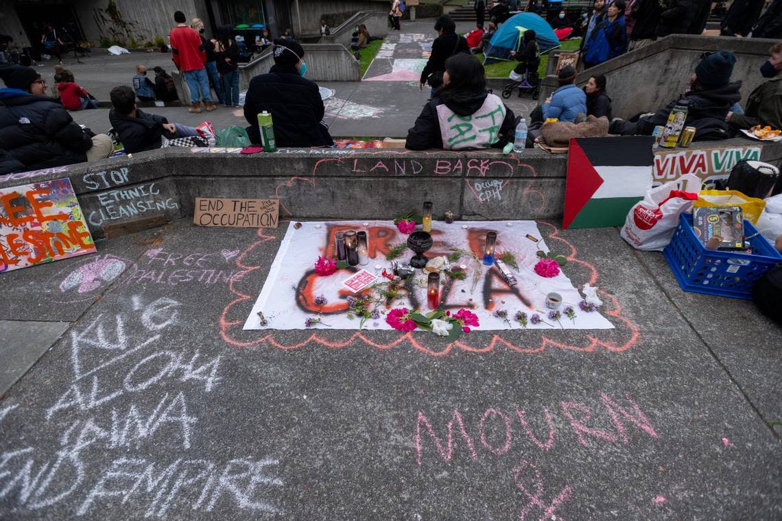 Students and community members gather outside Siemens Hall at Cal Poly Humboldt in Arcata on Tuesday, April 23, 2024, to support pro-Palestinian demonstrators who have barricaded themselves inside the administrative building.