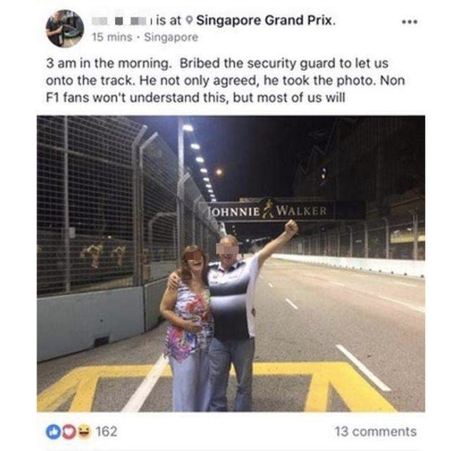 Organisers are investigating an alleged breach in track security during the 2017 Singapore Grand Prix. (Photo: Screengrab from Facebook)