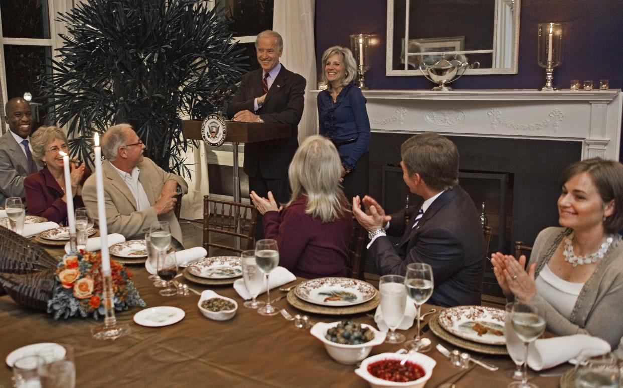 The Bidens host Thanksgiving dinner at the residence with Fisher House Foundation service members and their families on Nov. 23, 2009.