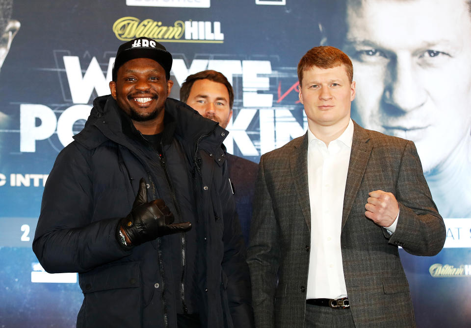 Dillian Whyte (left) and Alexander Povetkin during the press conference at Mercure Manchester Piccadilly Hotel. (Photo by Martin Rickett/PA Images via Getty Images)