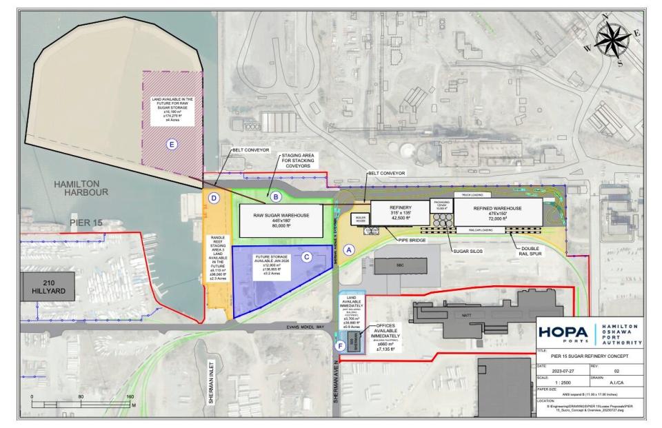 A map from the Hamilton Oshawa Port Authority shows the layout of the new SucroCan sugar refinery in Hamilton, including the usage of the Randle Reef enclosure at the top left.