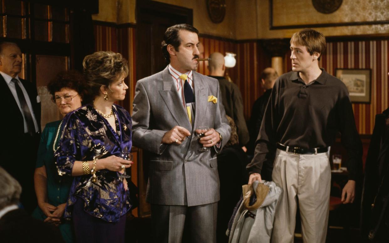 John Challis as Boycie (centre) with Sue Holderness, who played wife Marlene, and Nicholas Lyndhurst - Radio Times
