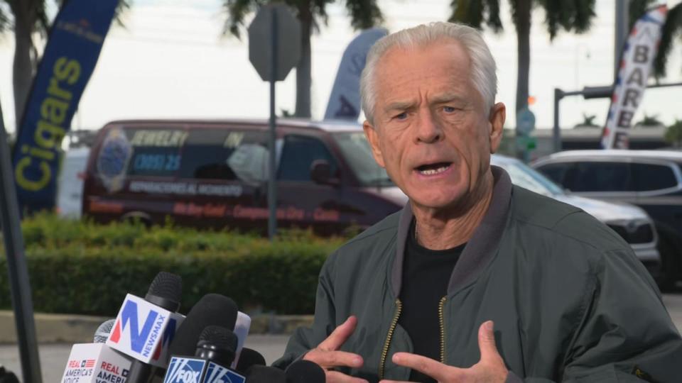 PHOTO: Peter Navarro, White House trade advisor to former President Donald Trump, arrives to speak to the press at the Country Mall Plaza before reporting to the Federal Correctional Institution, March 19, 2024, in Miami. (POOL/ABC News)