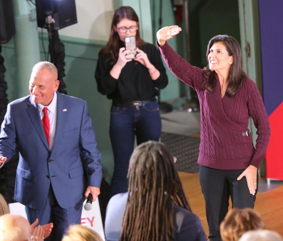 Nikki Haley, Republican presidential candidate, makes her first New Hampshire campaign speech for 2024 at Exeter Town Hall Thursday, Feb. 16, 2023.