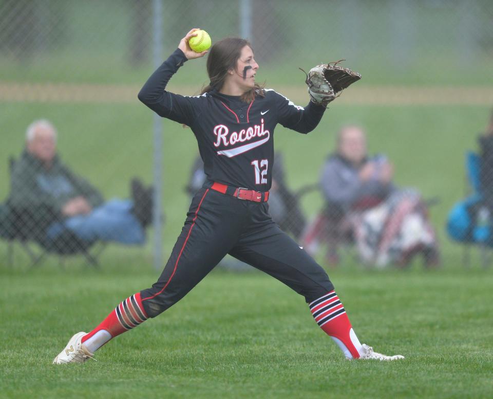ROCORI's Rachel Heinen throws the ball from right field as the No. 1 seed Spartans hosts No. 3 seed Alexandria in the Section 8-3A semifinals on Tuesday, May 31, 2022, at ROCORI High School.  
