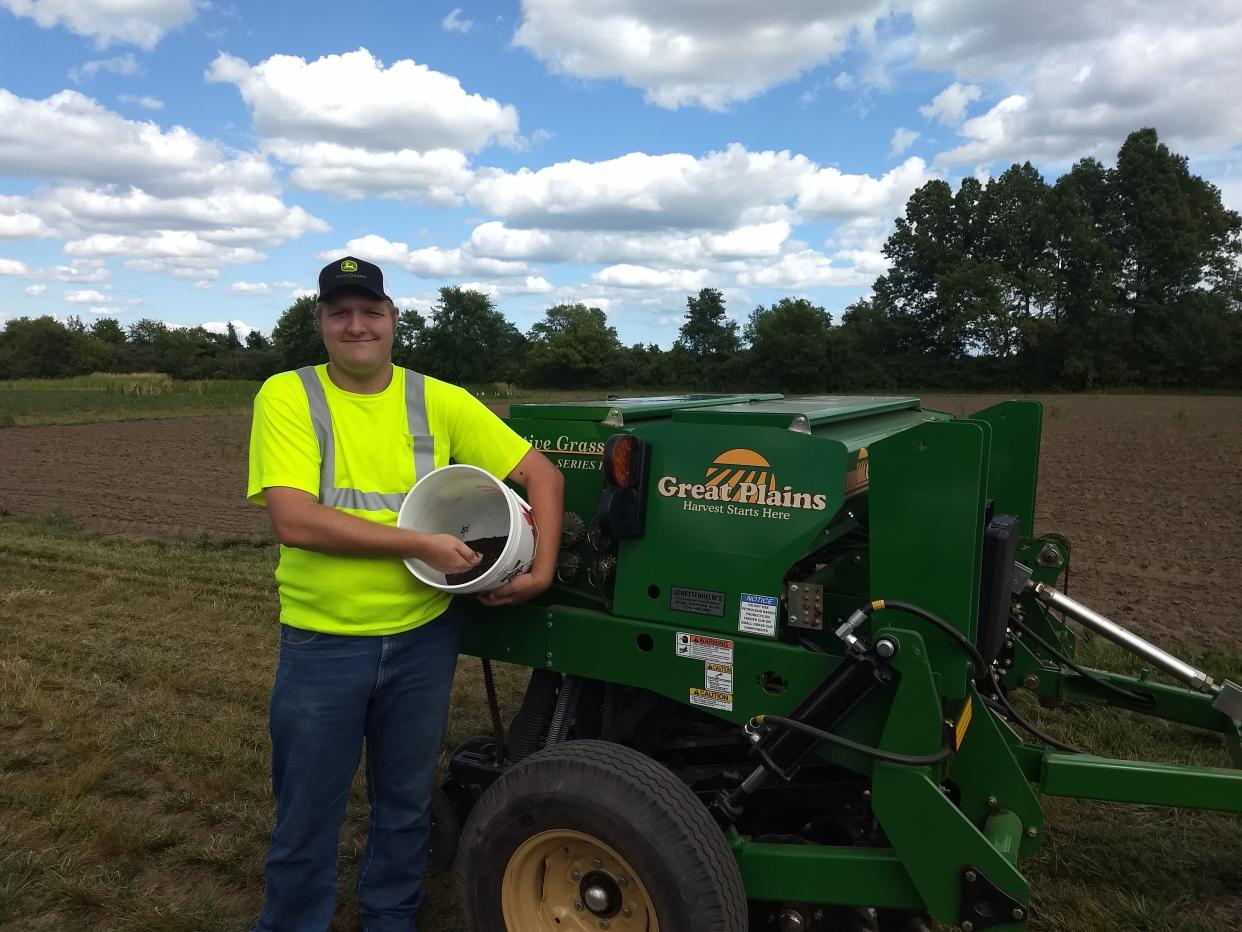 Austin Zorn, a Monroe High School student, helped seed 18 different cover crops at the Monroe County Community College Student Ag Farm.  This project will be part of an August 25 Farmer Field Day at MCCC.