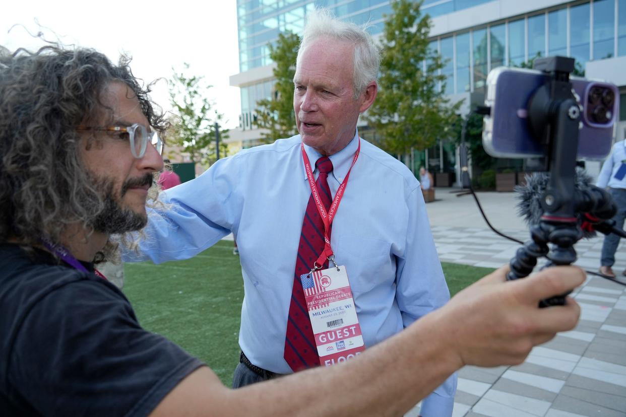 U.S. Sen. Ron Johnson is interviewed at Fiserv Forum before the Republican presidential debate in Milwaukee on Wednesday.