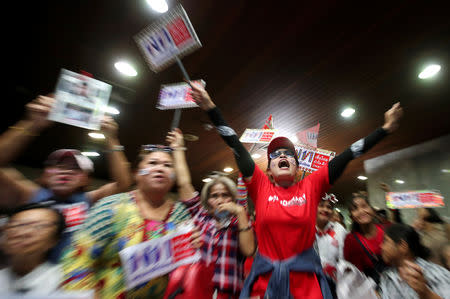 Supporters of Pheu Thai Party react after unofficial results, during the general election in Bangkok, Thailand, March 24, 2019. REUTERS/Athit Perawongmetha