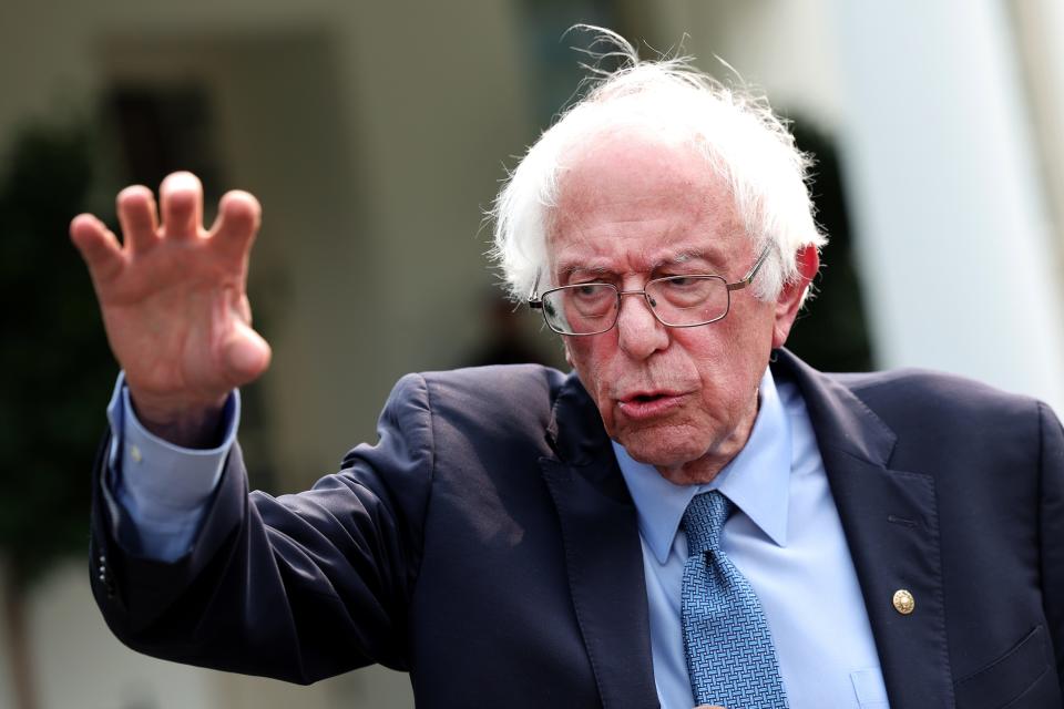 U.S. Sen. Bernie Sanders, I-Vt., speaks to the media outside of the White House on July 17, 2023 in Washington, DC.