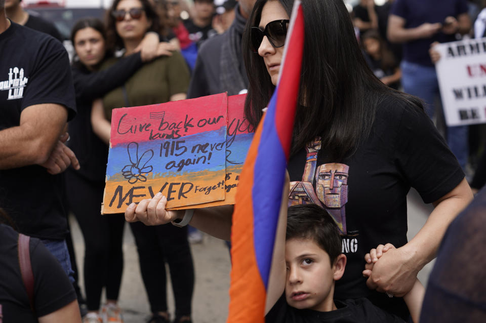 Armenian Americans commemorate the 108th anniversary of the Armenian Genocide Remembrance Day with a protest outside the Consulate of Turkey in Beverly Hills, Calif., Monday, April 24, 2023. (AP Photo/Damian Dovarganes)