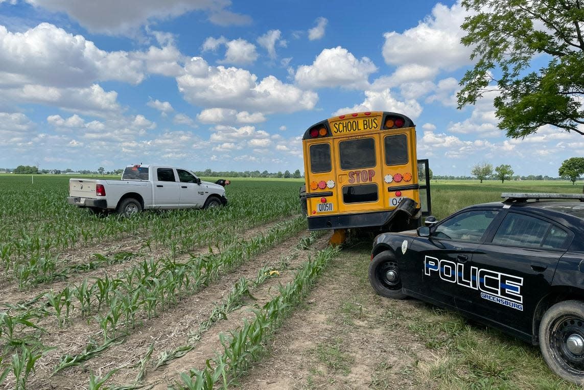 A pursuit of a school bus stolen in Cincinnati Tuesday in Decatur and Shelby counties in Indiana has come to a safe conclusion with a suspect in custody.