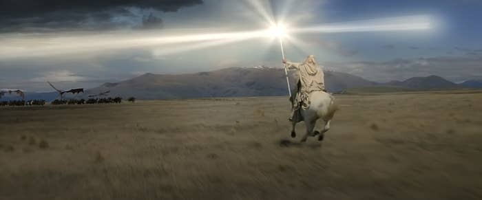 Gandalf charging to battle in The Lord of the Rings: Return of the King