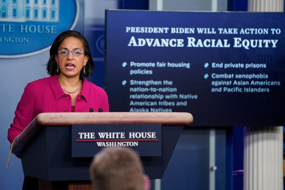 White House Domestic Policy Adviser Susan Rice speaks during a press briefing at the White House, Tuesday, Jan. 26, 2021, in Washington. (AP Photo/Evan Vucci)