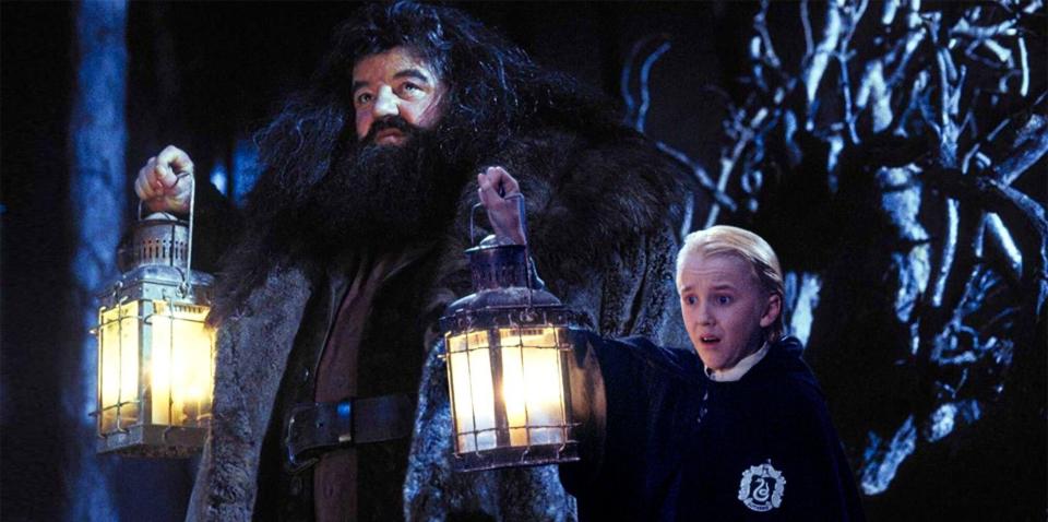 Robbie Coltrane and Tom Felton in 'Harry Potter and the Sorcerer's Stone'