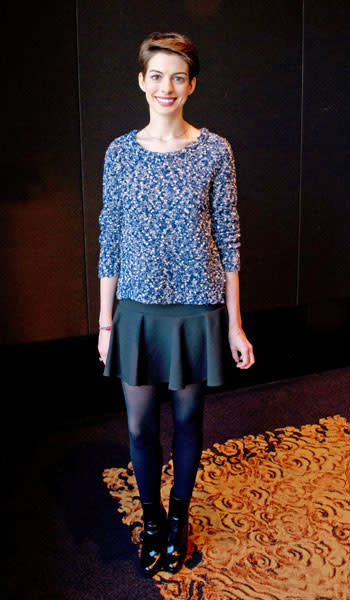 <b>Anne Hathaway at the Les Miserables film photocall in New York, Dec 2012 </b><br><br>Anne stepped out in a blue slouch jumper and black pleated mini skirt for the US photocall.<br><br>© Rex