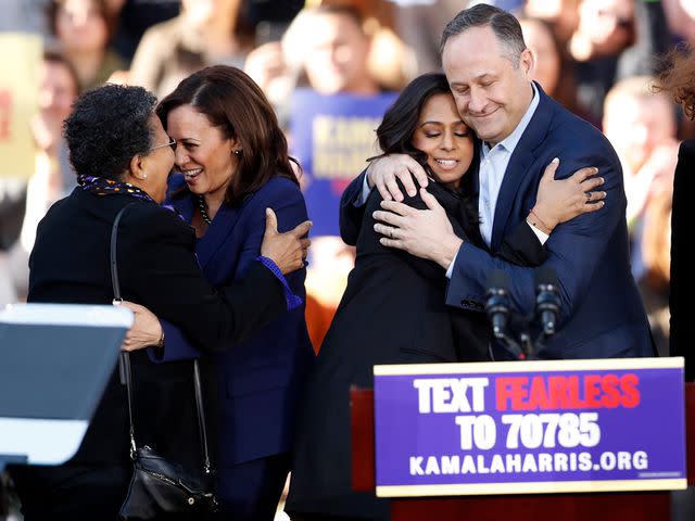 <p>Scott Strazzante/The San Francisco Chronicle/Getty</p> Kamala Harris, Maya Harris, and Douglas Emhoff after the California Senator launched her presidential campaign in 2019.