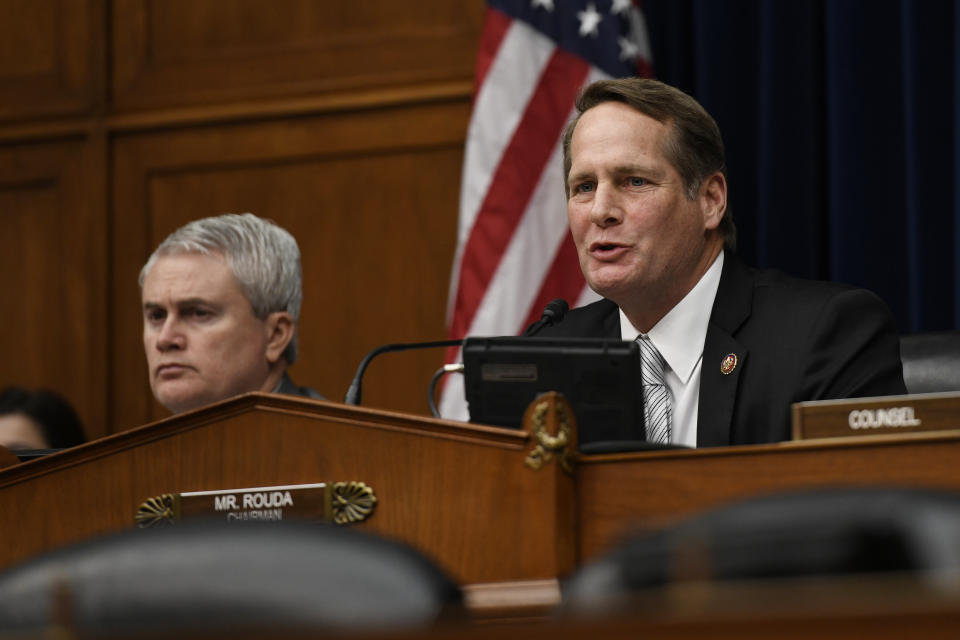 FILE - In this March 6, 2019, file photo, Rep. Harley Rouda, D-Calif., speaks during a House Oversight and Reform subcommittee hearing Capitol Hill in Washington. In the Republican-leaning 48th House District in Orange County, Republican Michelle Steel, who heads the Orange County Board of Supervisors, has seized on the fight over affirmative action and the new labor law known as AB5 in her bid to oust first-term Democratic Rep. Rouda. (AP Photo/Sait Serkan Gurbuz, File)