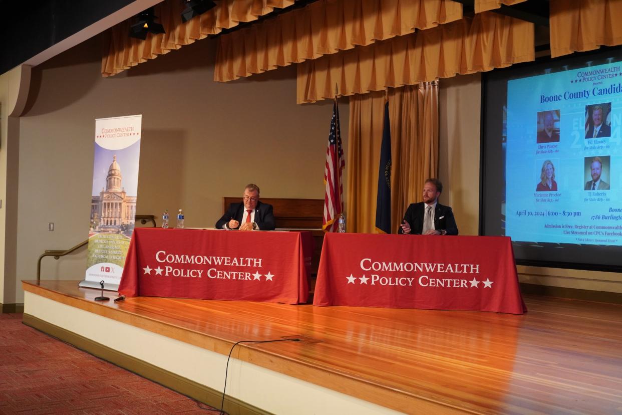 State House GOP candidates Ed Massey and T.J. Roberts debated at a forum Tuesday night hosted by the Commonwealth Policy Center at the main branch of the Boone County Public Library.