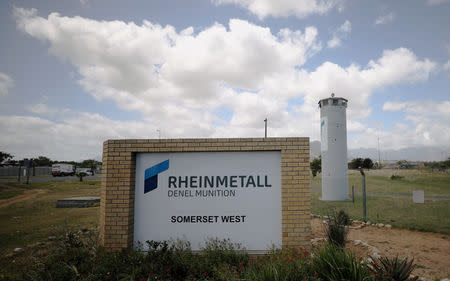 A corporate logo is seen outside the Rheinmetall Denel munitons plant near Cape Town, South Africa, November 6, 2018. Picture taken November 6, 2018. REUTERS/Mike Hutchings