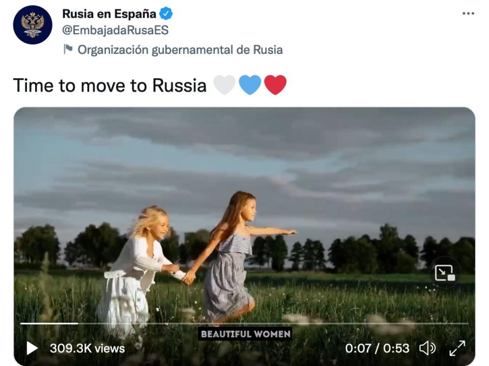 screenshot of Russian video encouraging people to "move to Russia"