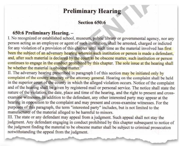 An excerpt of the documents distributed at the January 2023 meeting about library material. The highlights were included when the education department provided the document to NHPR, in response to a records request.