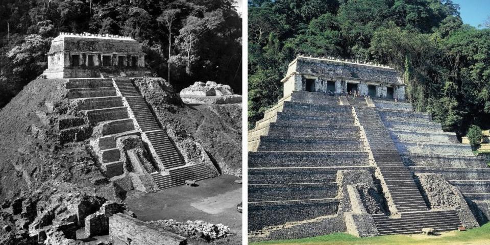 A side by side comparison of the Mayan Temple of inscriptions in Chiapas, Mexico.