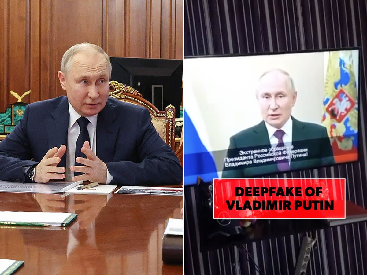 Vladimir Putin in a meeting and a deepfake broadcast of him (text edit added by The Independent to indicate deepfake)  (AFP/Getty/Alex Kokcharov/Twitter)