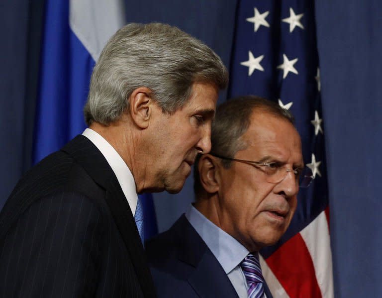 US Secretary of State John Kerry (L) and Russian Foreign Minister Sergei Lavrov meet in Geneva to discuss the Syria crisis, on September 12, 2013