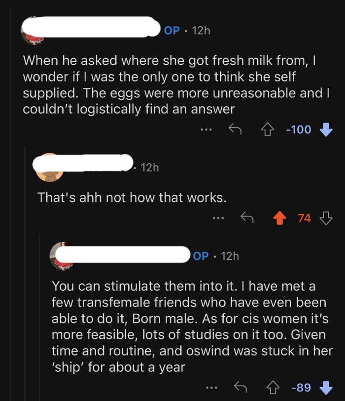 Comment says "You can stimulate them into it; I have met a few transfemale friends who have even been able to [self-supply], born male; as for cig women it's more feasible, lots of studies on it too"