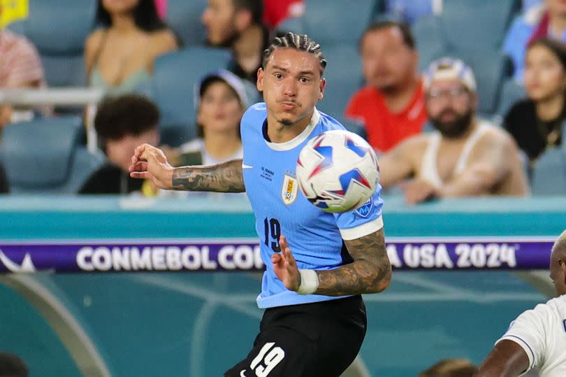 Darwin Nunez heads the ball during the match between Panama and Uruguay at the Hard Rock Stadium in Miami Gardens, Florida.